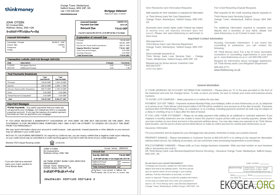 Royaume , Uni Relevé hypothécaire de la banque Think Money aux formats Word et PDF